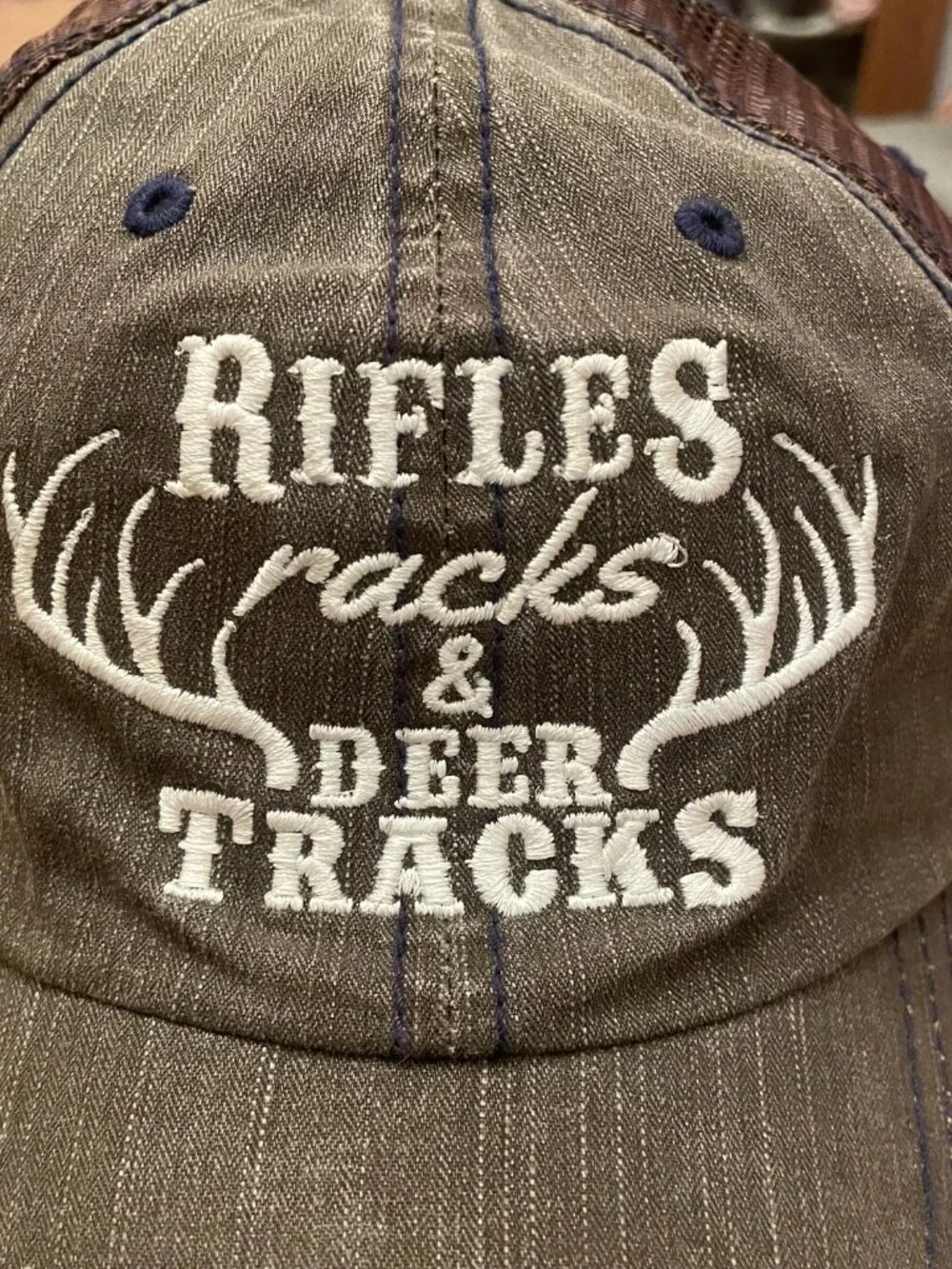 Rifles Racks and Deer Tracks Dark Olive/Brown Hook and Loop Trucker Hat Cap